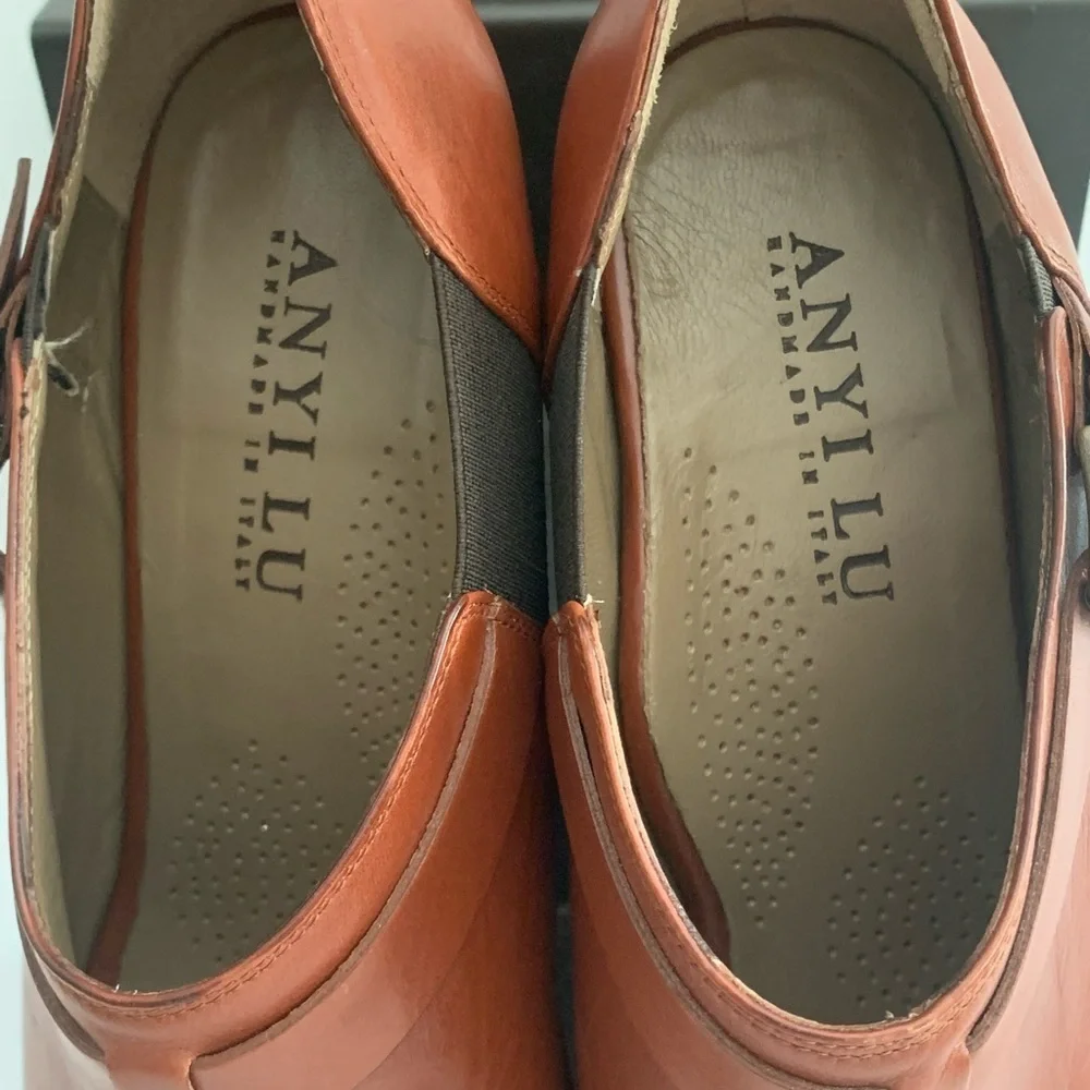 NEW ANYI LU Peep Toe Buckle Wedges Booties Ankle Boots Leather Brown Cognac